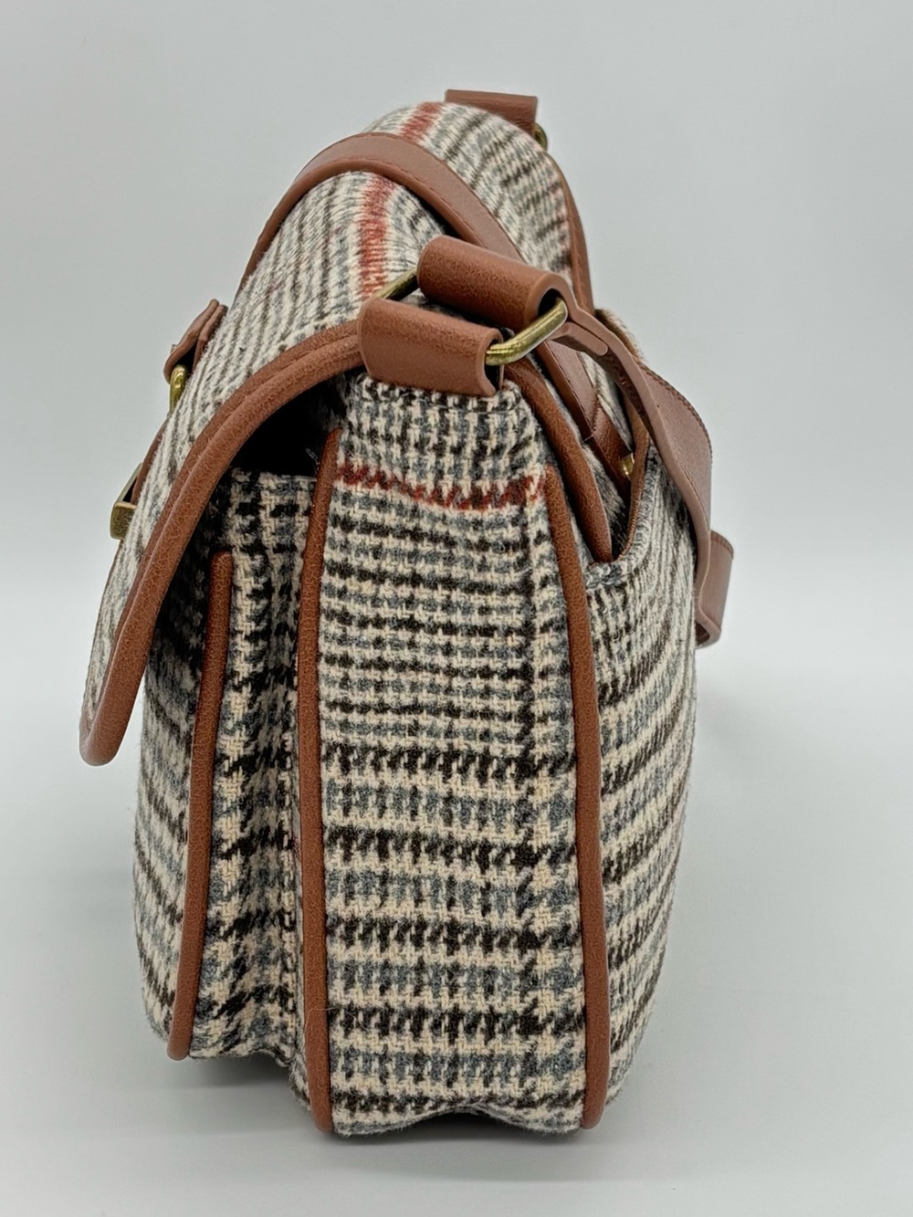 Frye & Co Houndstooth Plaid Shoulder Bag Brown Purse Academia Equestrian Preppy - Picture 4 of 15